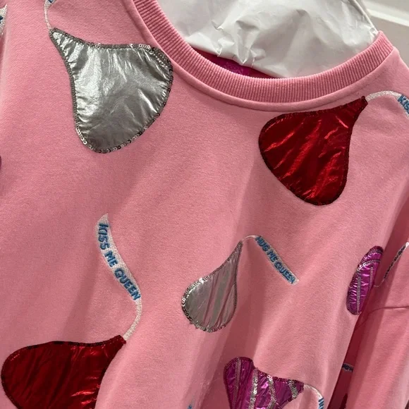 QUEEN OF SPARKLES Pink Sweatshirt with Red, Silver, and Purple Hearts - Picture 2 of 4